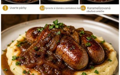 Klobásy a domáca zemiaková kaša s cibuľovou omáčkou